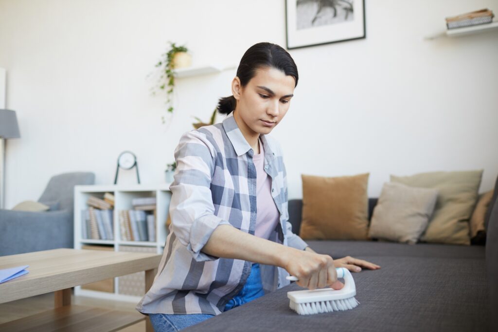 Woman cleaning the sofa