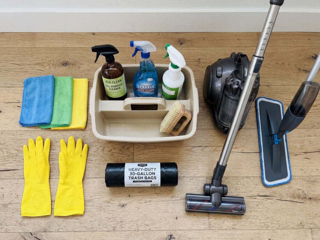 A collection of cleaning supplies including bottles and brushes arranged on a wooden floor