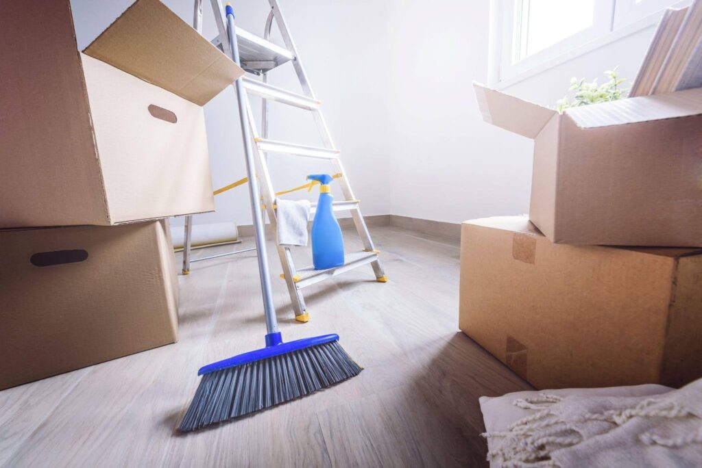 Move-out cleaning checklist poster outlining tasks for each room in a residence