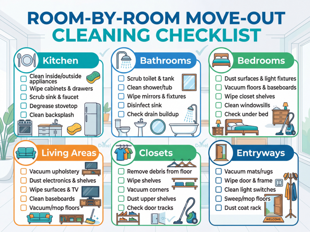 Poster displaying a detailed room by room move out cleaning checklist for tenants