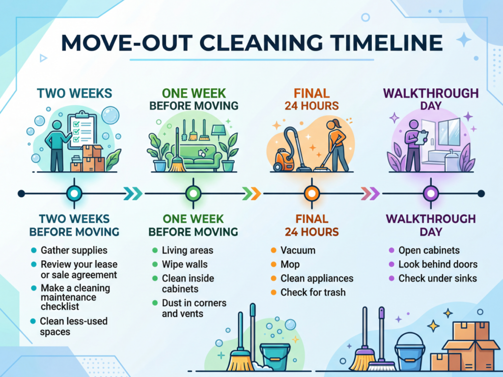 Timeline graphic outlining steps for move-out cleaning tasks and deadlines