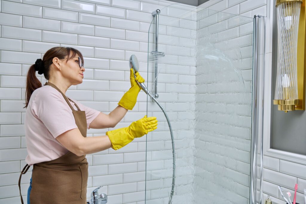 A woman wearing yellow rubber gloves and a brown apron uses a handheld showerhead to rinse a glass shower door in a bathroom with white subway tiles.