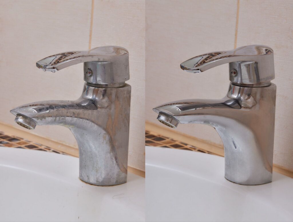 Before-and-after comparison of a dirty, stained chrome faucet cleaned to a polished shine