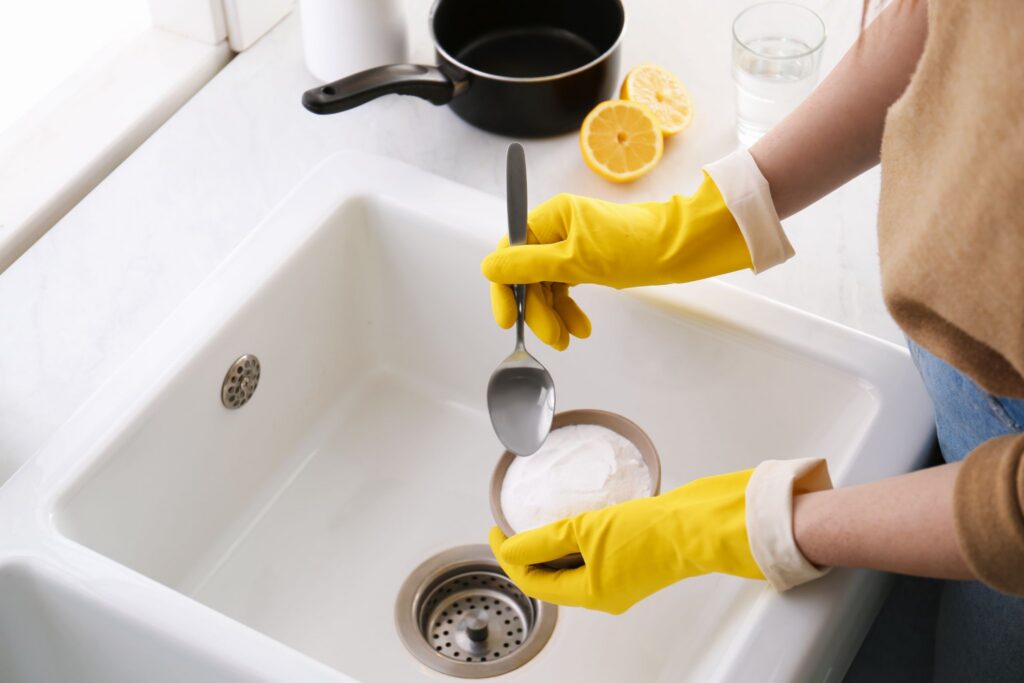 Person wearing yellow rubber gloves holding a bowl of baking soda over a kitchen sink with lemon halves nearby.